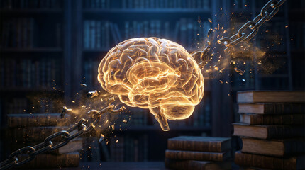 A brain is depicted breaking free from chains in a library filled with books. This visual represents the power of knowledge, intelligence, and mental resilience in education and innovation