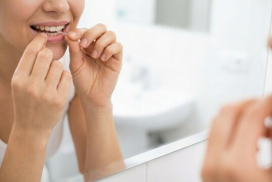 Person using dental floss in bathroom while looking into mirror during morning routine for oral hygiene and care