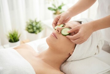 Woman receives cucumber eye treatment in a spa setting during a beauty session while relaxing on a massage table with soft lighting