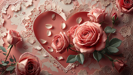 Roses surround a heart shape made with petals. The background shows lace and floral patterns. This design is ideal for celebrating love on Valentine's Day and weddings