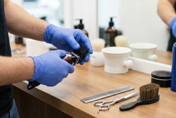 Barber prepares tools for haircut at salon with gloves on hands and various equipment on wooden countertop