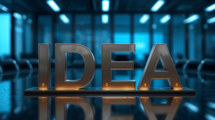 A sign spelling out the word idea stands on a table in a contemporary office. The setting features blue lighting and glass walls, capturing a creative atmosphere for brainstorming
