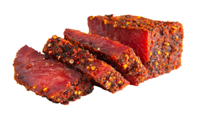 Slices of dried beef or basturma, generously coated with red chili flakes and aromatic spices on a transparent background