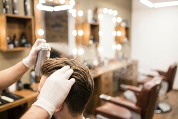 Hair styling in a barbershop with a stylist applying product during an afternoon session for a client preparing for a special event in a busy setting