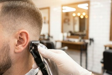 Man gets hair cut in barbershop with professional barber using clippers during daytime