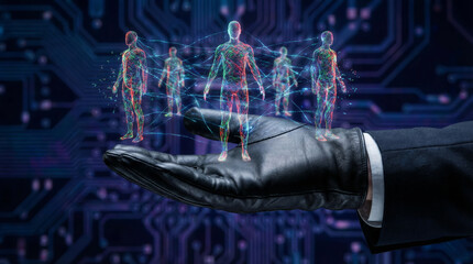 A hand in a glove supports human-like figures made of light, representing data connections in a digital environment. This scene reflects themes of cybersecurity and anonymity