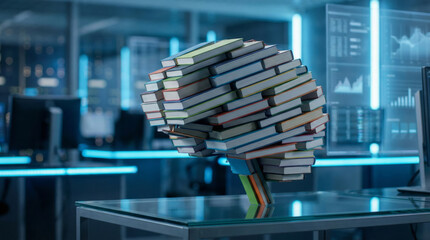 A brain structure created from stacked books sits on a desk in a modern office. Digital screens display data and graphs in the background, emphasizing the theme of knowledge and learning