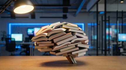 Books are arranged to form a brain shape on a table in an office space. The scene highlights the importance of education and creativity for intellectual growth in a modern setting
