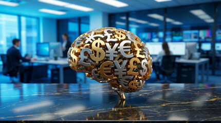 A brain sculpture made of various currency symbols rests on a table in a modern office. Business professionals work on computers in the background