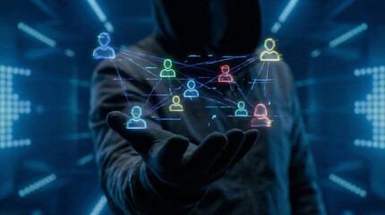 A figure in a hooded jacket holds out a hand with glowing digital connections and icons representing users. This reflects themes of hacking and cybersecurity in the modern digital landscape