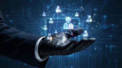 A hand wearing a black glove holding floating icons representing people and connections in a digital network. The setting highlights themes of cybersecurity and data protection