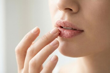Woman applies lip care while touching her lips in a close-up view during daytime indoors