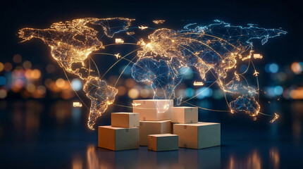 Boxes are stacked on a surface with a glowing world map above. The map shows trade routes and connections for international shipping and logistics