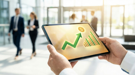 A business professional holds a tablet displaying a financial growth chart. The setting is a bright office with colleagues in the background