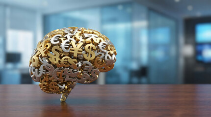 A brain composed of various currency symbols sits on a wooden desk in a contemporary office. This scene symbolizes the connection between intelligence and financial success