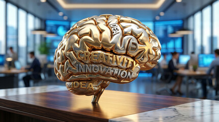 A model of a brain displaying words like idea, creativity, and innovation sits on a desk in a modern office. People discuss ideas in the background while collaborating on projects