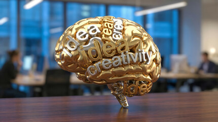 A model of a brain sits on a wooden desk with words like idea and creativity displayed around it, representing innovation in a busy office space with people working