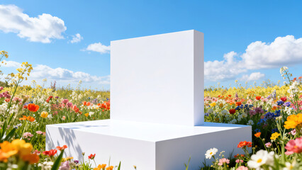 White Cube Art Installation in a Sea of Flowers Under Blue Sky