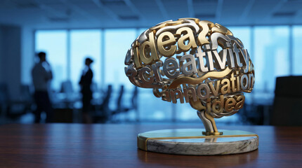 A sculpture of a brain made of words like idea, creativity, and innovation sits on a desk in an office