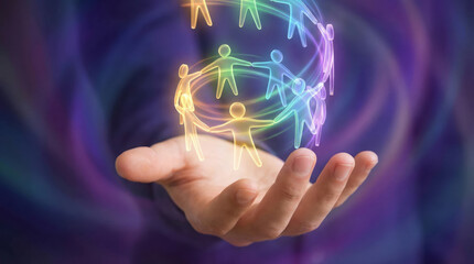 A hand holds a colorful display of figures representing people connected in a circle. This visual symbolizes teamwork, community, and the energy of collaboration among diverse groups