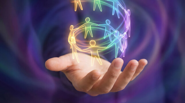 A hand holds a colorful display of figures representing people connected in a circle. This visual symbolizes teamwork, community, and the energy of collaboration among diverse groups