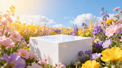 White Cube Art Installation in a Sea of Flowers Under Blue Sky