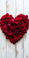 Top view of red rose petals arranged in a heart shape on a light white wooden background.