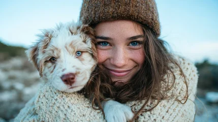 Fotobehang Dierenarts A smiling girl wraps her arms around a fluffy puppy, capturing a moment of pure joy and companionship, set against a soft and tranquil natural backdrop.  © Pinklife