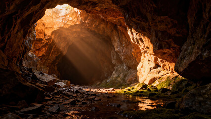 Rock Cave Entrance Scene with Sunlight Penetrating