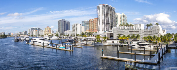 Fort Lauderdale skyline at Las Olas Marina with boats yachts Florida vacation panorama in Fort Lauderdale, United States