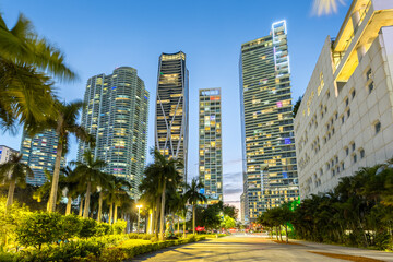 Miami skyline with skyscrapers real estate at Maurice A. Ferre Park at night in Miami, United States
