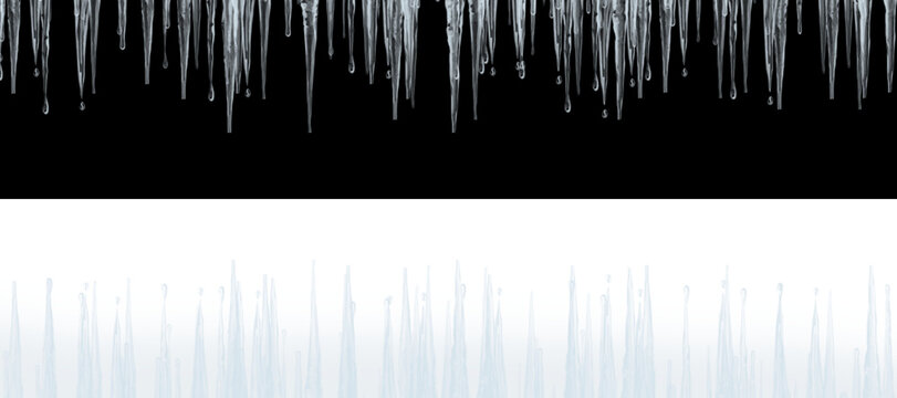 Transparent ice background, frozen water icicles with dripping drops isolated on black and checkered backdrop, winter cold weather border art