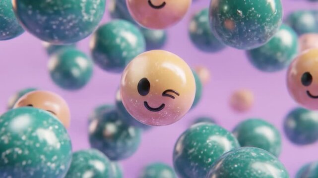 A vibrant digital illustration features a cluster of spheres with smiley faces and patterned surfaces against a lilac background, creating a playful, cheerful ambiance