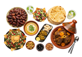 ramadan feast moroccan food spread with dates hummus pita and tagine