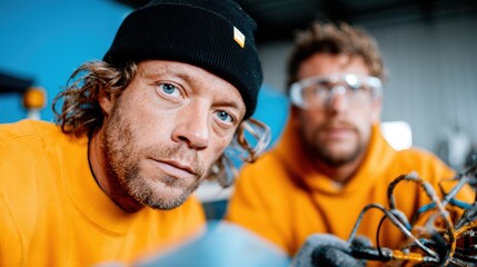 A man wearing a beanie and working on electronic components with a focused expression highlights the intersection of technology and creativity in a modern workshop setting.