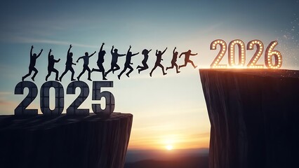 New Year 2026, Inspiration and progress towards new success. silhouette of a people jumping out off a cliff with the number 2025, heading towards the number 2026. new year new challenge concept. JPEG