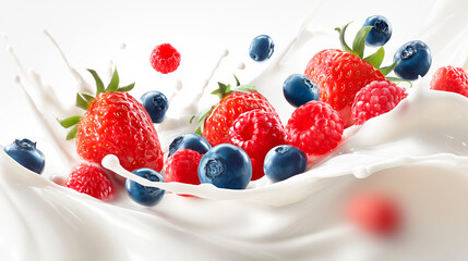 Fresh strawberries, raspberries and blueberries dissolving in bright white milk or yogurt create a refreshing and healthy concept against a white background.