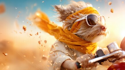 An adventurous and stylish dog wearing sunglasses and a scarf while riding a motorcycle, showcasing a playful and humorous side of pet life and excitement.