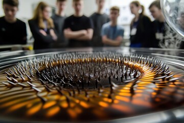 Students observing ferrofluid experiments in a science lab during an educational workshop