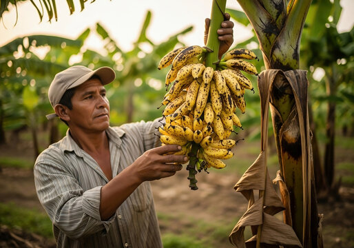 Man picking bananas from his farm in the mountains