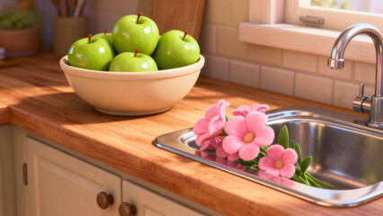 Green Apples and Pink Flowers on the Kitchen Countertop