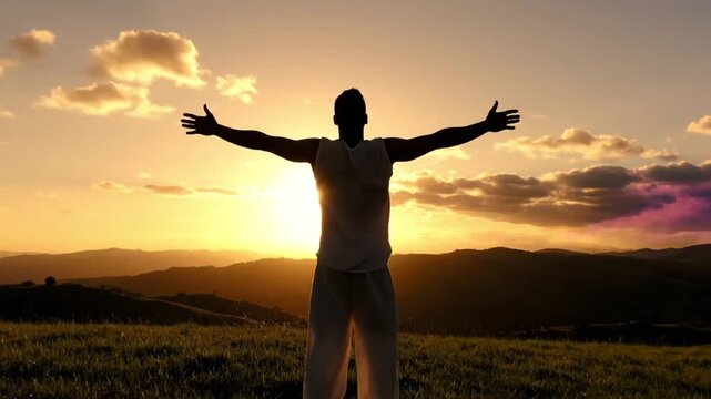 Man standing in field with arms outstretched at sunset