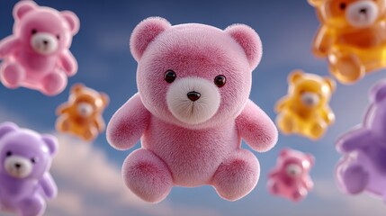 Cute 3D illustration of colorful bear characters floating in the air, featuring pink, purple, and yellow bears with soft textures and adorable expressions, perfect for children's themes and playful de