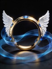 Decorative Luxury Gold Ring with Angel Wings on Dark Background