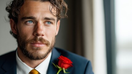 A well-dressed man in a suit gazes pensively, showcasing a beautiful rose corsage on his jacket, exuding elegance and sophistication in an intimate setting.