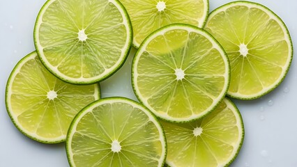 Juicy texture and fresh green color of lime slices on light background. JPEG