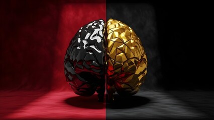 Digital Brain with Gold Neural Network on Split Red & Black Background: AI & Duality Concept