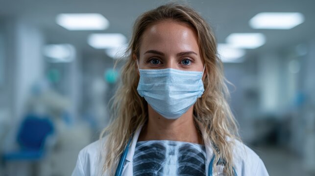 A medical professional wearing a mask stands poised with a chest x-ray in hand, ready to examine and diagnose patients in a bright and sterile healthcare environment. - Powered by Adobe