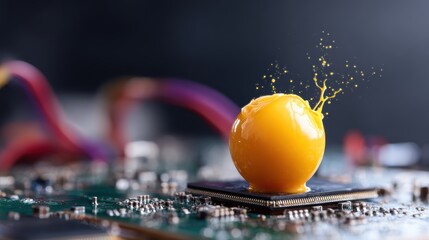 An artistic representation of an egg yolk splashing on a circuit board, blending technology with culinary elements, showcasing creativity and innovation.