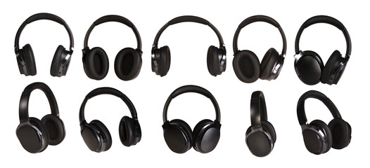 A set of black wireless headphones from different angles on a white isolated background